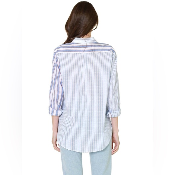 Xirena Beau Boyfriend Button Down Shirt in Tide Blue Stripes Pattern Mixing - Picture 5 of 13